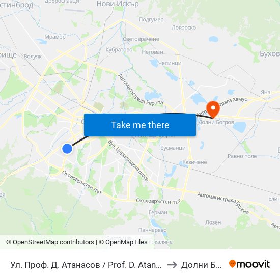 Ул. Проф. Д. Атанасов / Prof. D. Atanasov St. (2134) to Долни Богров map
