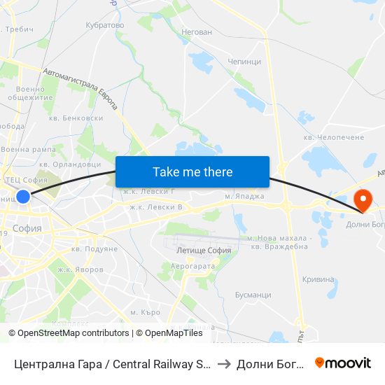 Централна Гара / Central Railway Station to Долни Богров map