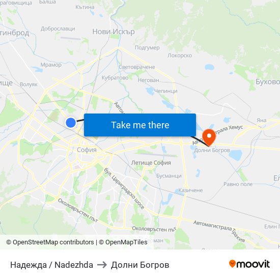 Надежда / Nadezhda to Долни Богров map