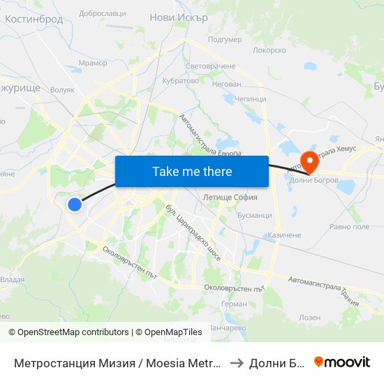 Метростанция Мизия / Moesia Metro Station (6089) to Долни Богров map