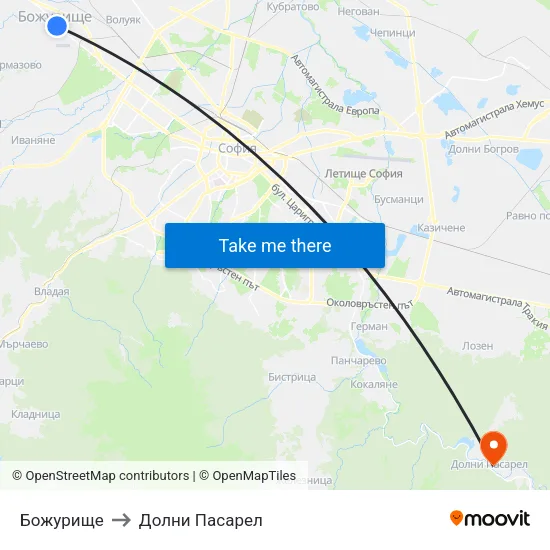 Божурище to Долни Пасарел map