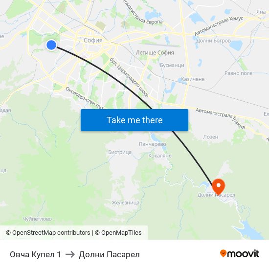 Овча Купел 1 to Долни Пасарел map