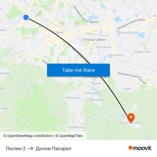 Люлин 2 to Долни Пасарел map