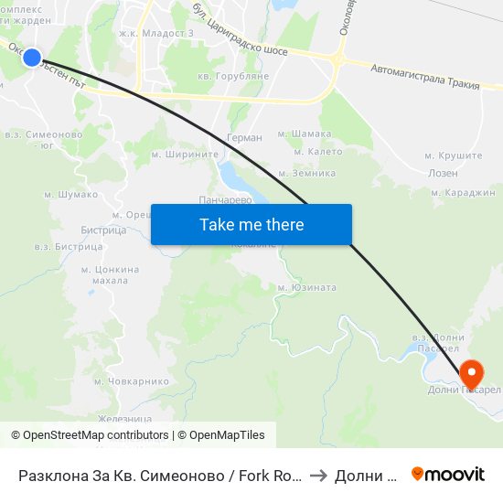 Разклона За Кв. Симеоново / Fork Road To Simeonovo Qr. (1458) to Долни Пасарел map
