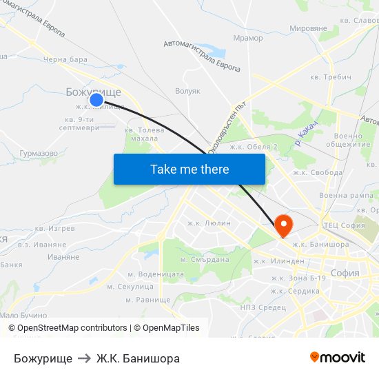 Божурище to Ж.К. Банишора map