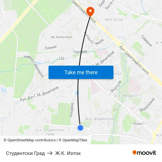 Студентски Град to Ж.К. Изток map