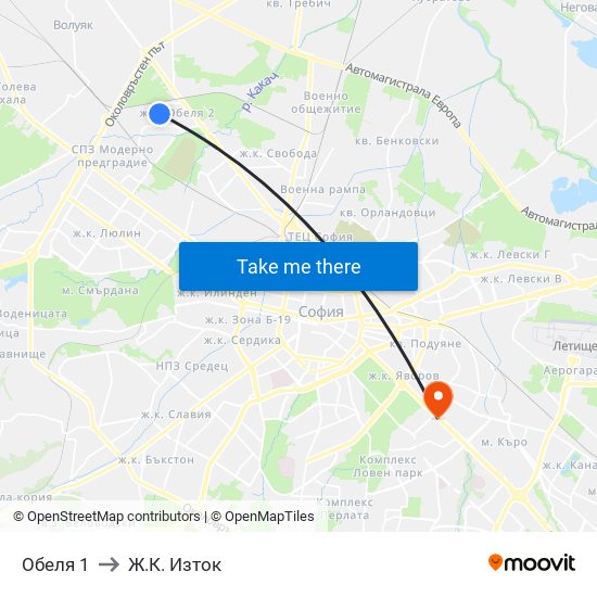 Обеля 1 to Ж.К. Изток map