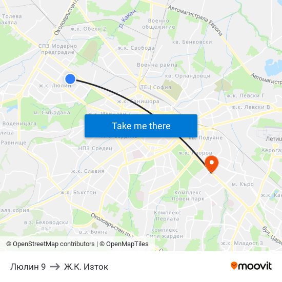 Люлин 9 to Ж.К. Изток map