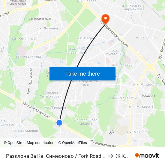 Разклона За Кв. Симеоново / Fork Road To Simeonovo Qr. (1458) to Ж.К. Изток map