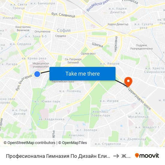 Професионална Гимназия По Дизайн Елисавета Вазова / Elisaveta Vazova High School Of Design (1736) to Ж.К. Изток map