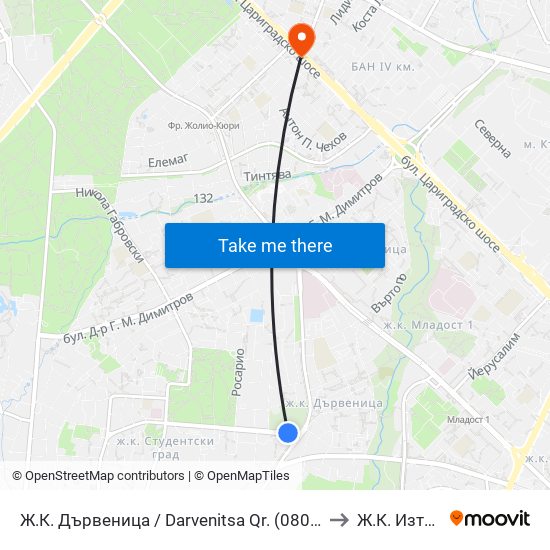 Ж.К. Дървеница / Darvenitsa Qr. (0800) to Ж.К. Изток map