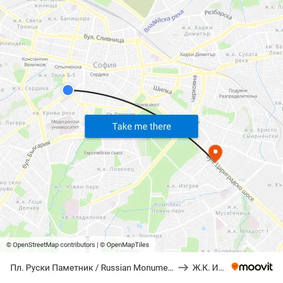Пл. Руски Паметник / Russian Monument Sq. (1295) to Ж.К. Изток map