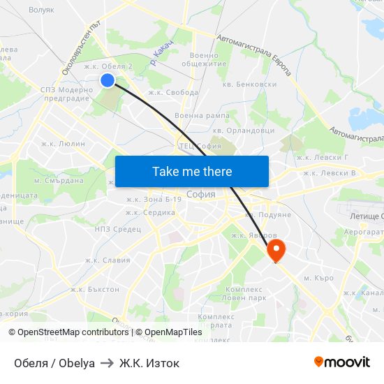 Обеля / Obelya to Ж.К. Изток map