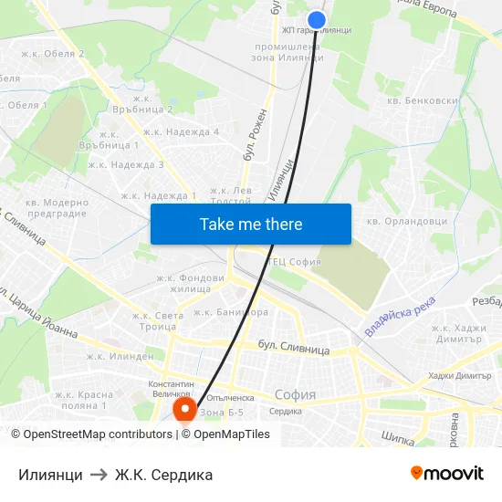 Илиянци to Ж.К. Сердика map