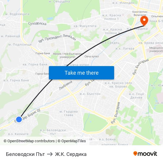Беловодски Път to Ж.К. Сердика map