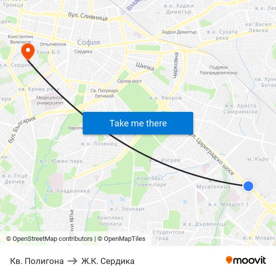 Кв. Полигона to Ж.К. Сердика map