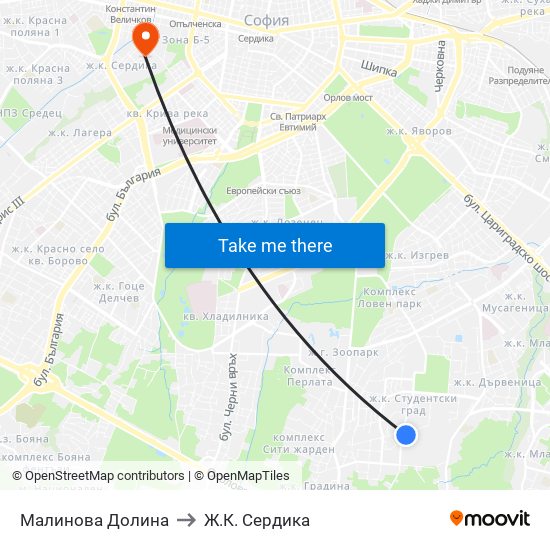 Малинова Долина to Ж.К. Сердика map