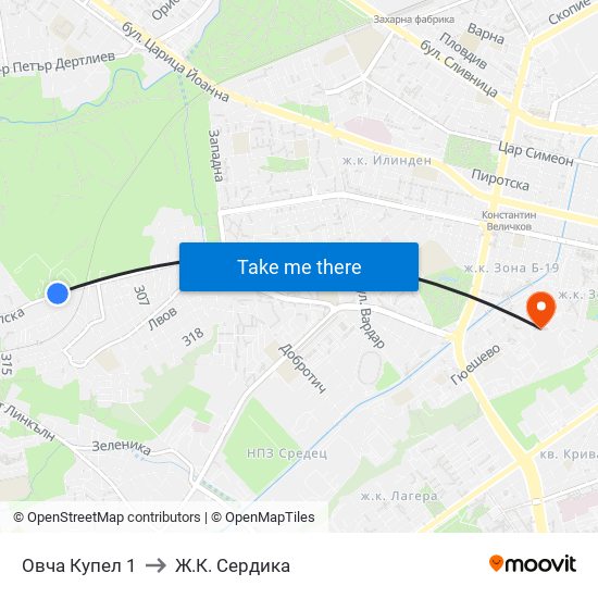 Овча Купел 1 to Ж.К. Сердика map