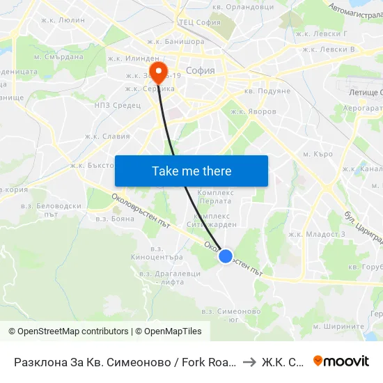Разклона За Кв. Симеоново / Fork Road To Simeonovo Qr. (1459) to Ж.К. Сердика map