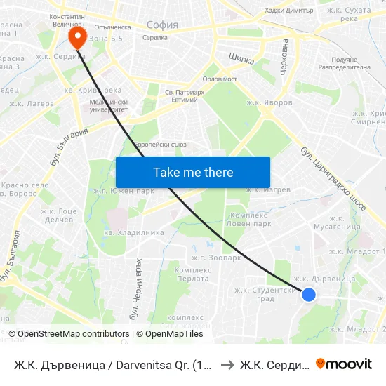 Ж.К. Дървеница / Darvenitsa Qr. (1012) to Ж.К. Сердика map