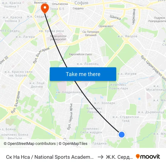 Ск На Нса / National Sports Academy (1609) to Ж.К. Сердика map