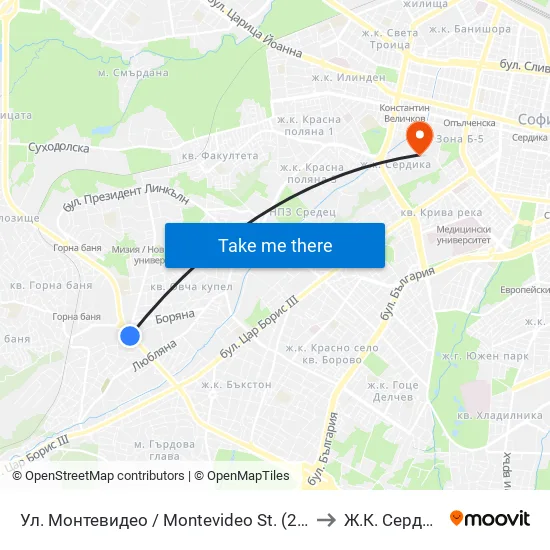 Ул. Монтевидео / Montevideo St. (2050) to Ж.К. Сердика map