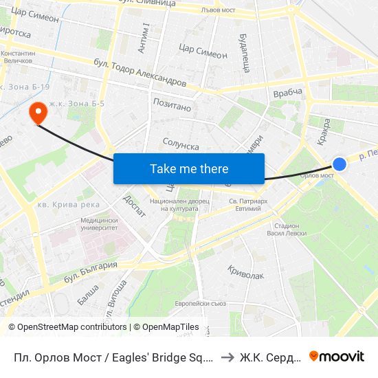 Пл. Орлов Мост / Eagles' Bridge Sq. (1290) to Ж.К. Сердика map