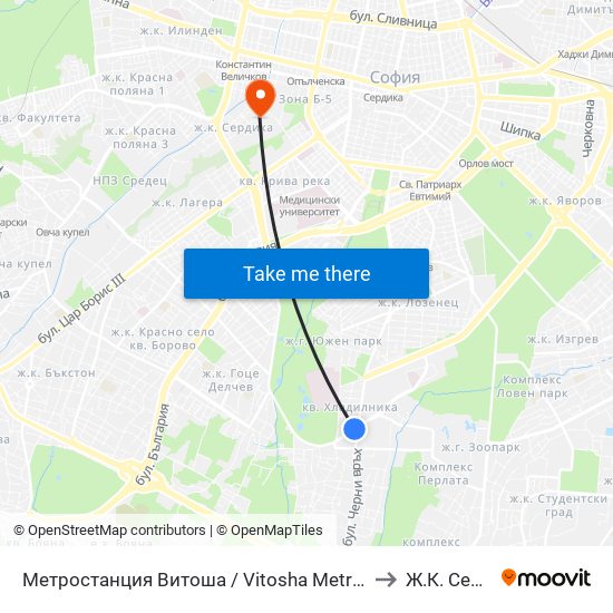 Метростанция Витоша / Vitosha Metro Station (2755) to Ж.К. Сердика map