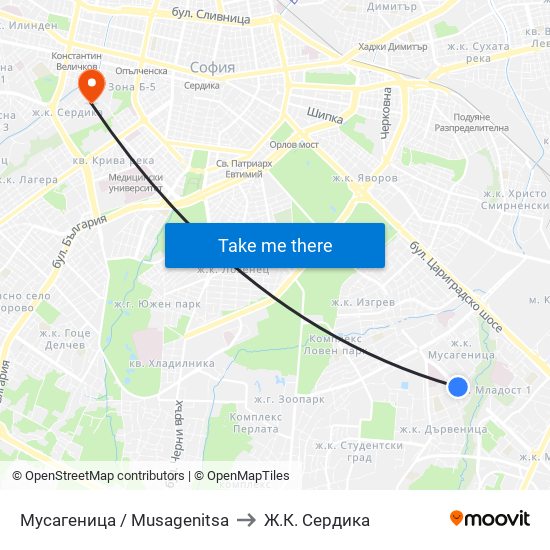 Мусагеница /  Musagenitsa to Ж.К. Сердика map
