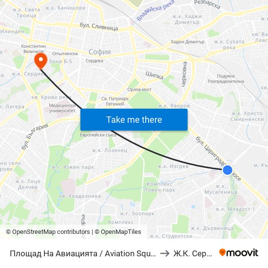 Площад На Авиацията / Aviation Square (1257) to Ж.К. Сердика map