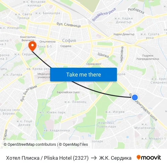 Хотел Плиска / Pliska Hotel (2327) to Ж.К. Сердика map