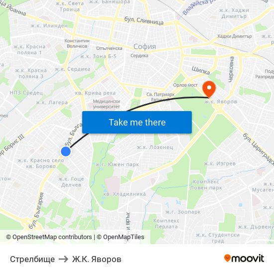 Стрелбище to Ж.К. Яворов map