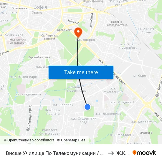 Висше Училище По Телекомуникации / University Of Telecommunications And Post (1397) to Ж.К. Яворов map
