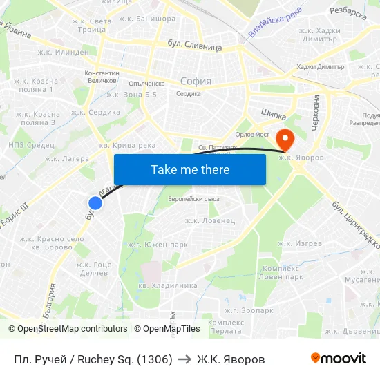 Пл. Ручей / Ruchey Sq. (1306) to Ж.К. Яворов map