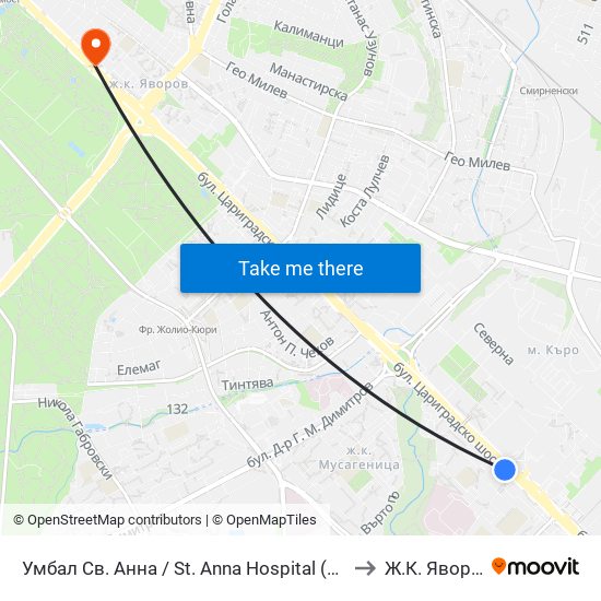 Умбал Св. Анна / St. Anna Hospital (1194) to Ж.К. Яворов map