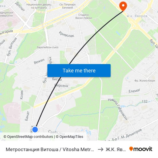 Метростанция Витоша / Vitosha Metro Station (0909) to Ж.К. Яворов map