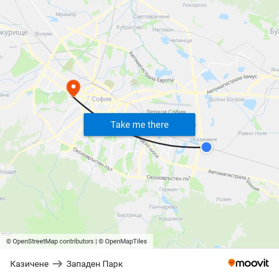 Казичене to Западен Парк map