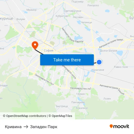 Кривина to Западен Парк map