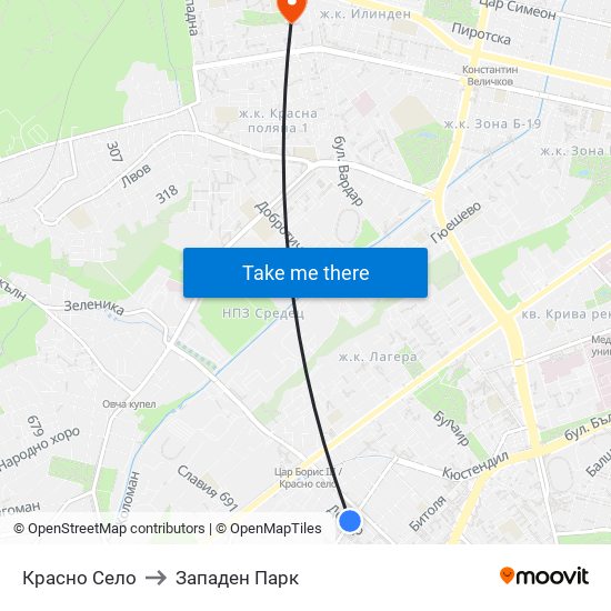 Красно Село to Западен Парк map