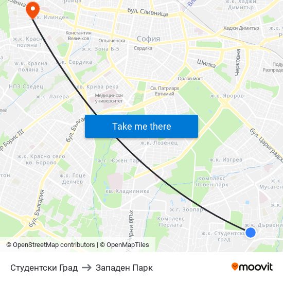 Студентски Град to Западен Парк map