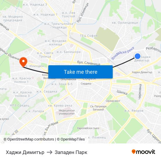 Хаджи Димитър to Западен Парк map