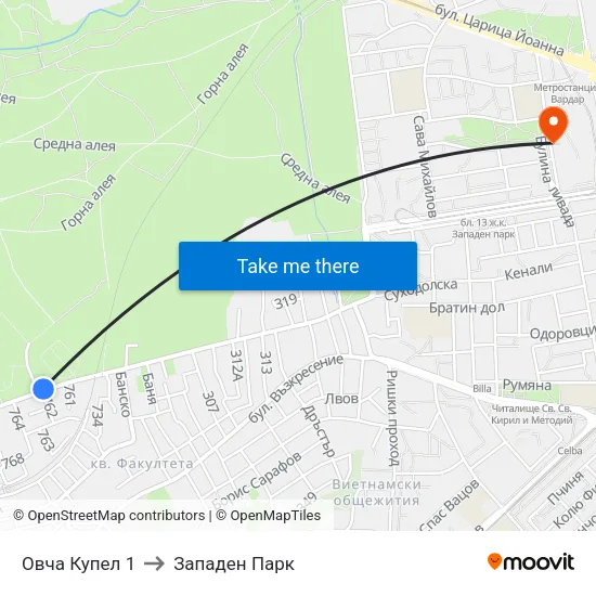 Овча Купел 1 to Западен Парк map