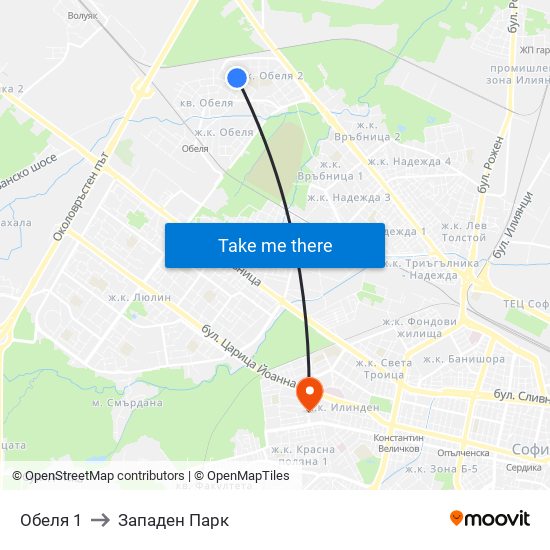 Обеля 1 to Западен Парк map