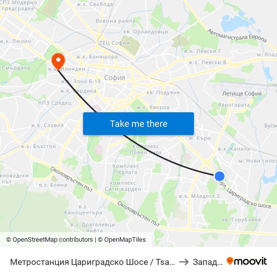 Метростанция Цариградско Шосе / Tsarigradsko Shosse Metro Station (1016) to Западен Парк map