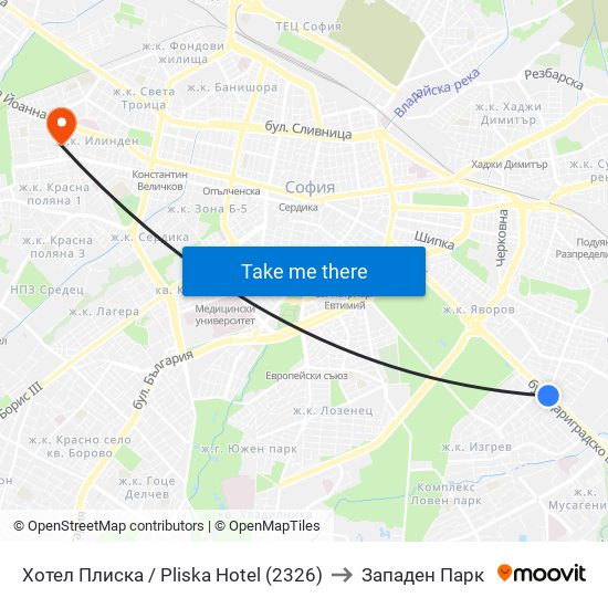 Хотел Плиска / Pliska Hotel (2326) to Западен Парк map