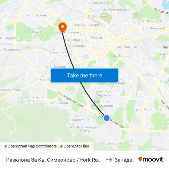 Разклона За Кв. Симеоново / Fork Road To Simeonovo Qr. (1458) to Западен Парк map