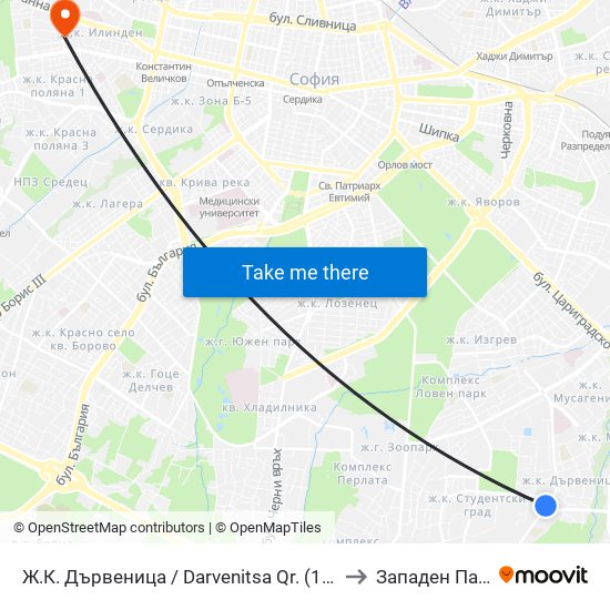 Ж.К. Дървеница / Darvenitsa Qr. (1012) to Западен Парк map