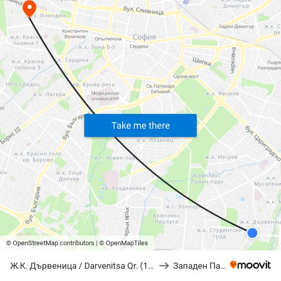 Ж.К. Дървеница / Darvenitsa Qr. (1015) to Западен Парк map