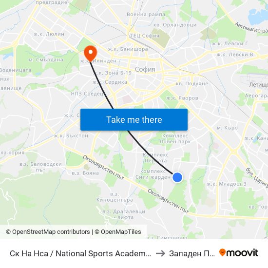 Ск На Нса / National Sports Academy (1609) to Западен Парк map