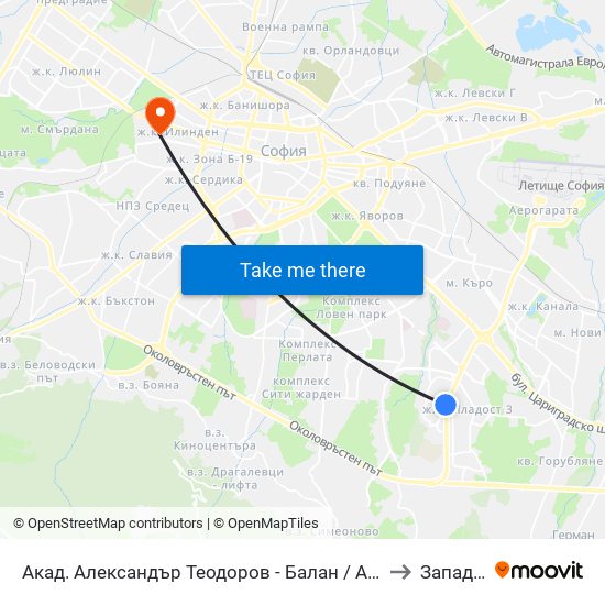 Акад. Александър Теодоров - Балан / Akademik Aleksandar Teodorov - Balan to Западен Парк map